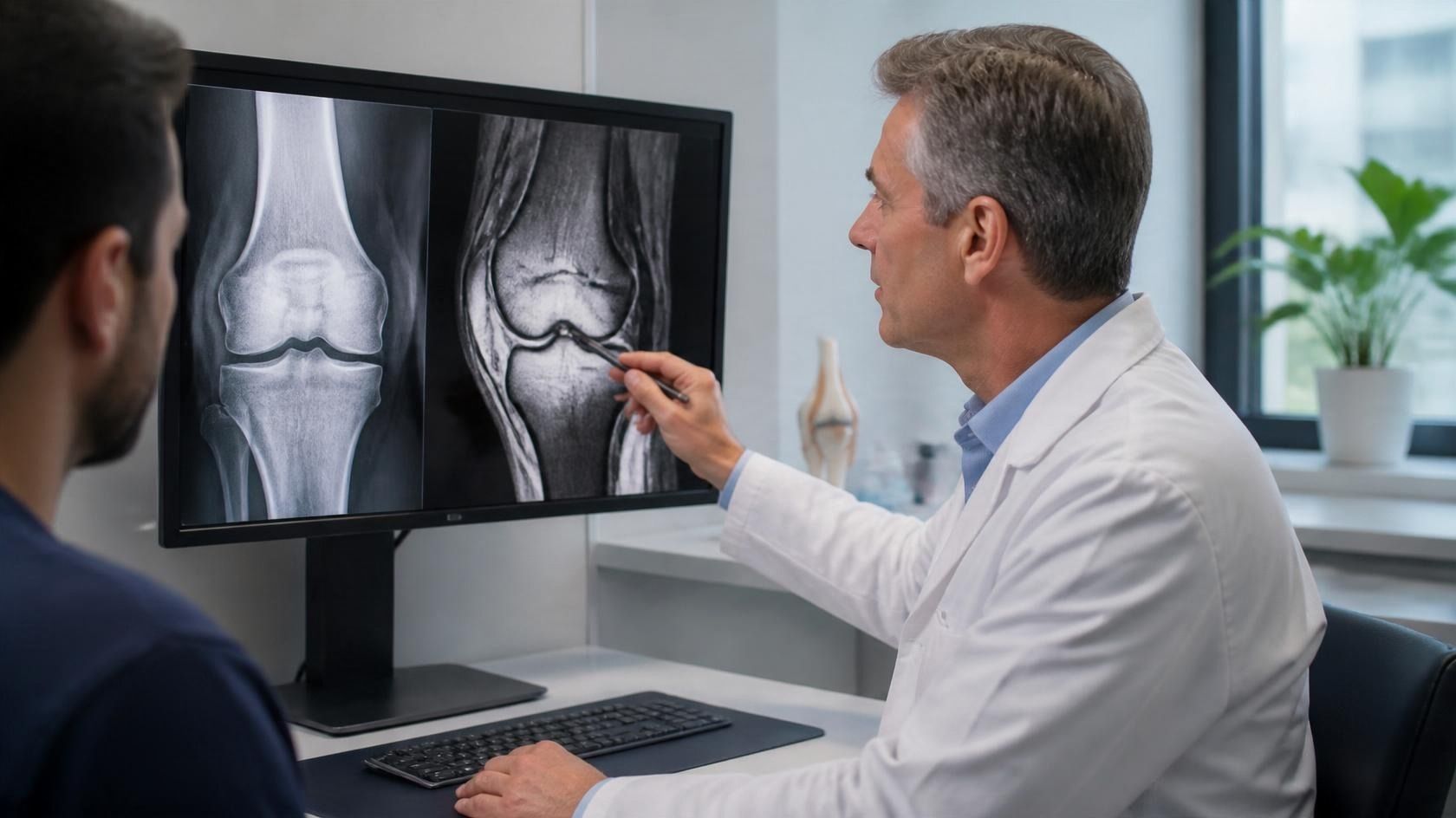 Orthopedic physician reviewing knee X-ray and MRI images during a consultation.