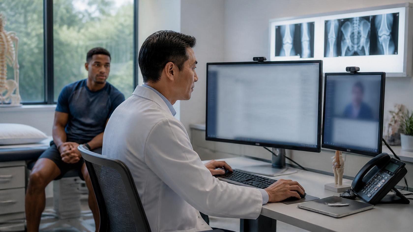 Orthopedic physician using a computer during a virtual medical scribe workflow.