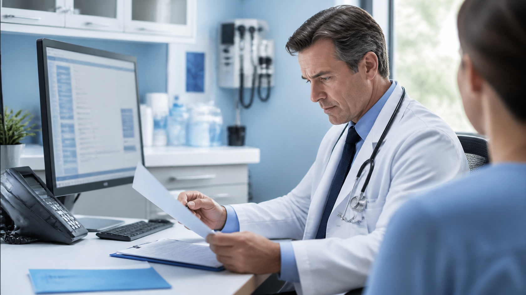 Physician reviewing clinical documentation for accuracy before signing.
