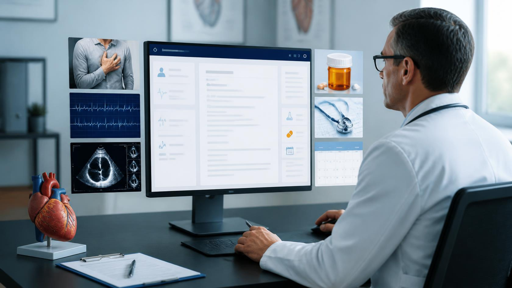 Cardiologist reviewing structured clinical documentation with virtual medical scribe support