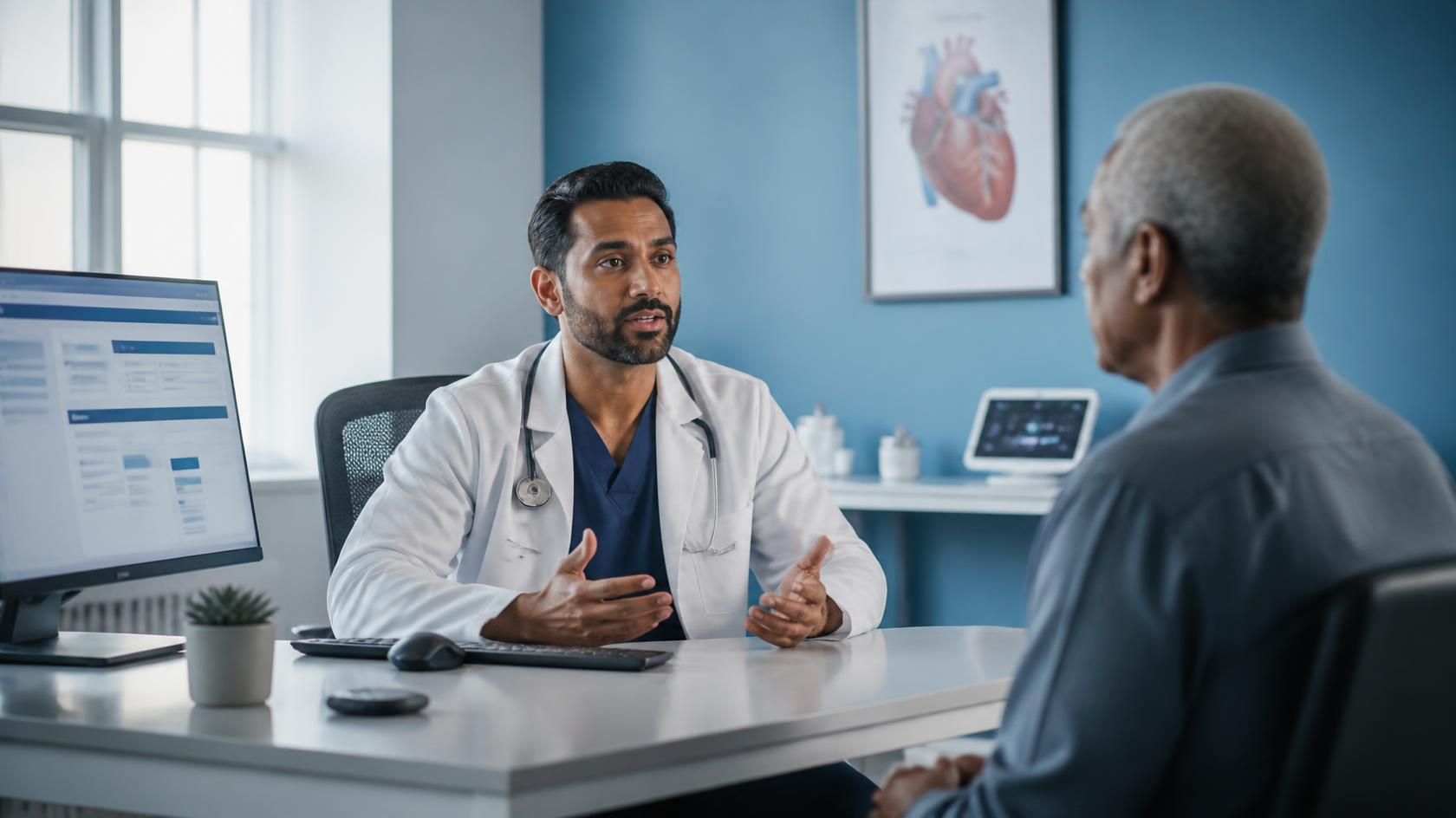Cardiologist discussing the patient's reason for visit during a clinical consultation