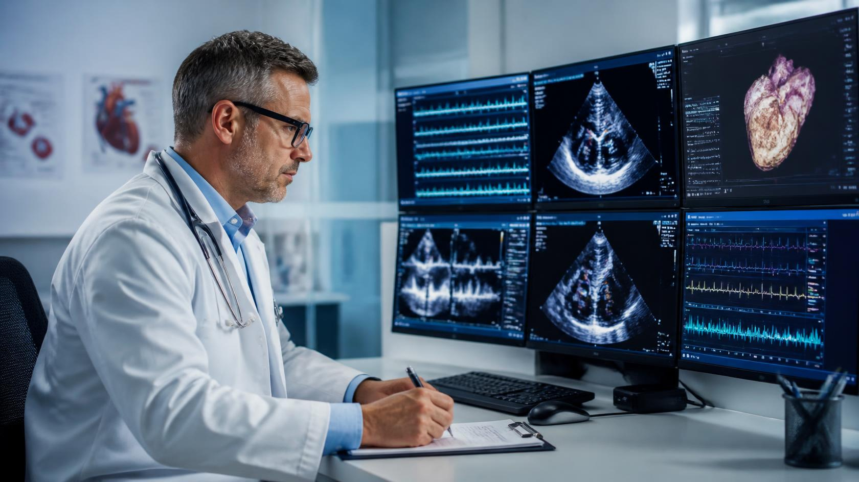 Cardiologist reviewing ECG, echocardiogram and cardiac monitoring results