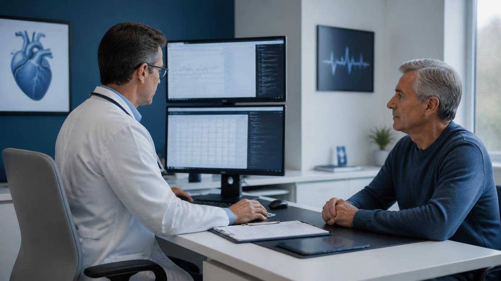 Cardiologist documenting follow-up and ongoing cardiac monitoring plan