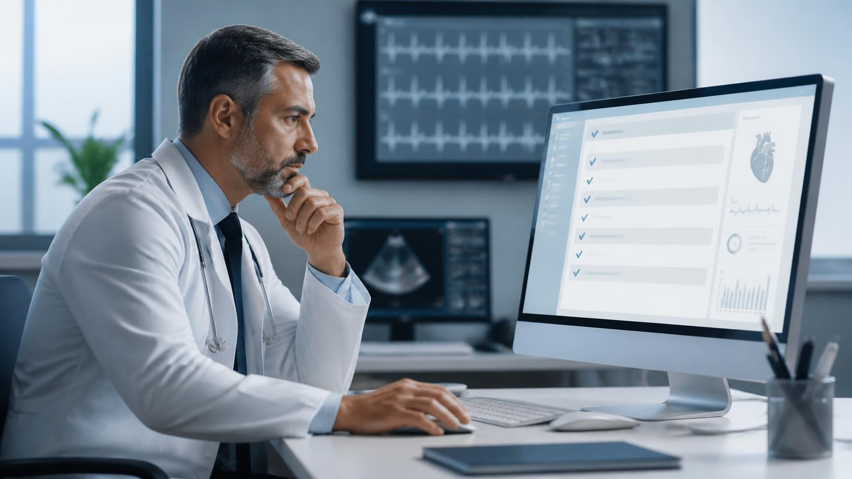 Cardiologist reviewing structured documentation in a modern clinical workflow
