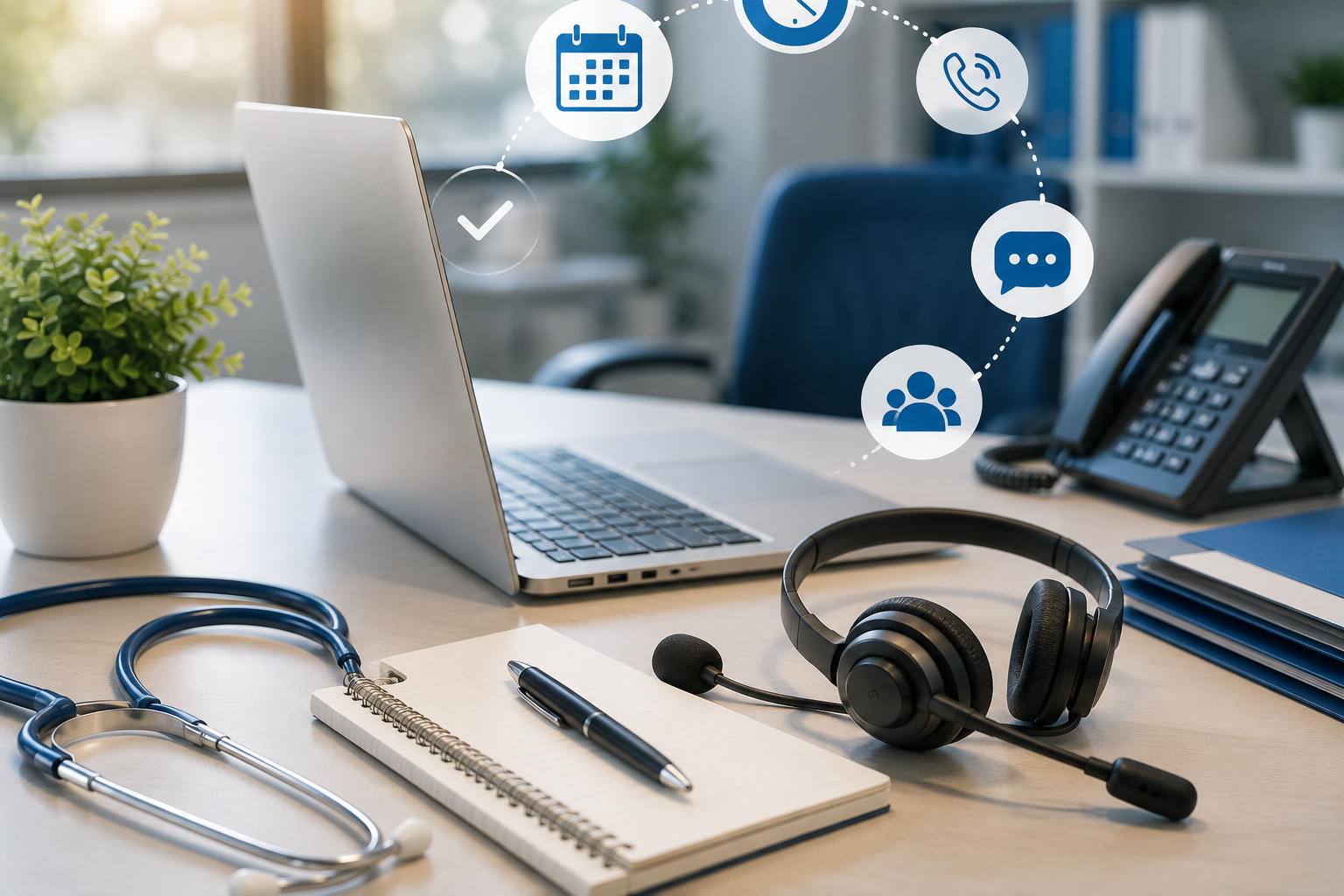 Healthcare appointment scheduling workspace with virtual medical assistant tools, calendar, headset, laptop, and patient communication workflow.