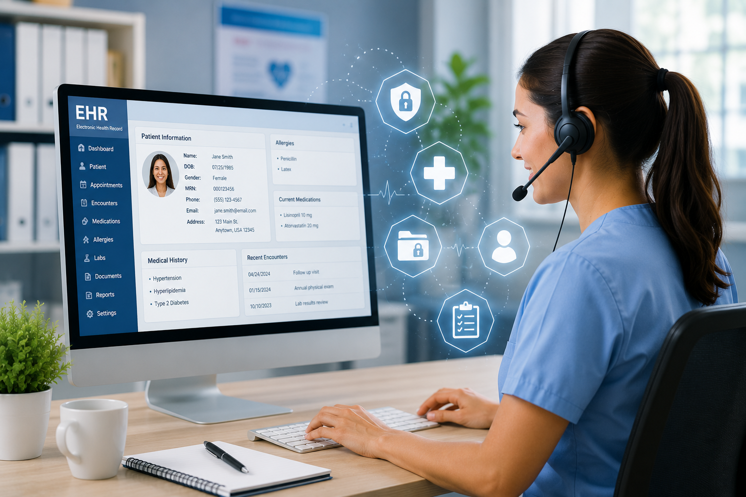 Virtual medical assistant reviewing electronic health records in a modern healthcare office.