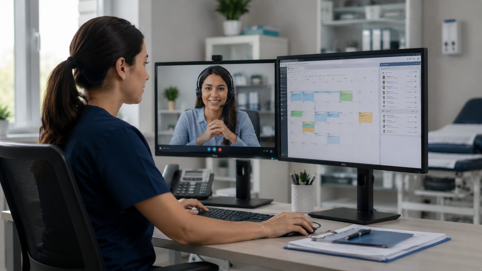 Healthcare provider reviewing AI-generated medical transcription while a professional medical transc