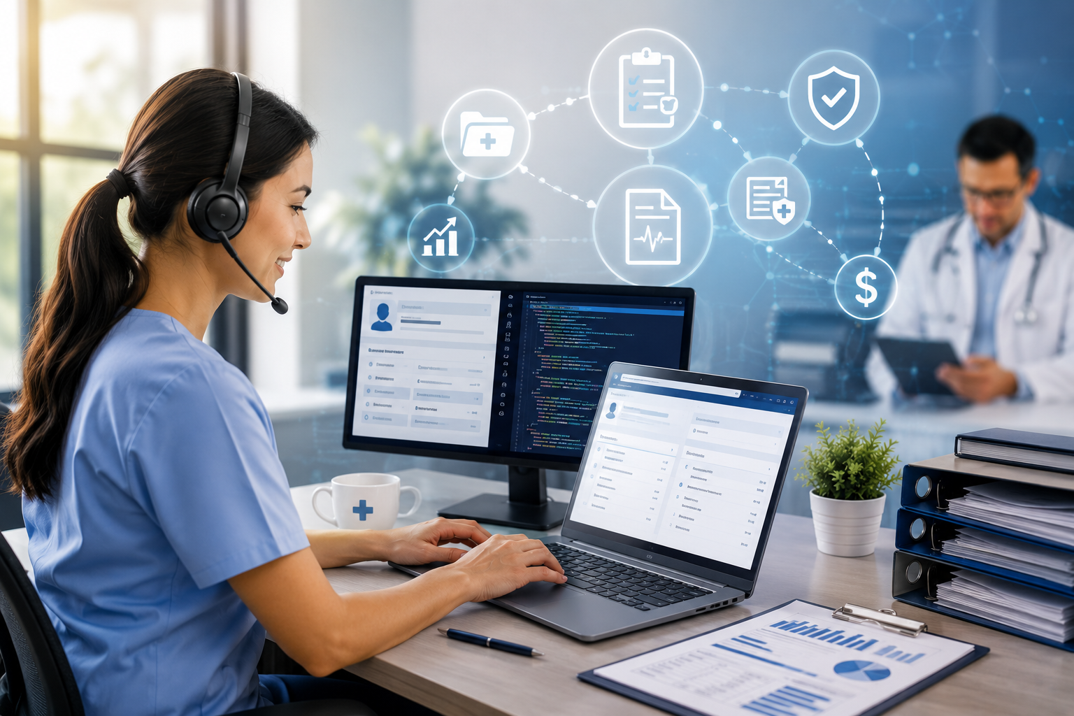 Medical virtual assistant supporting healthcare workflow and revenue cycle operations