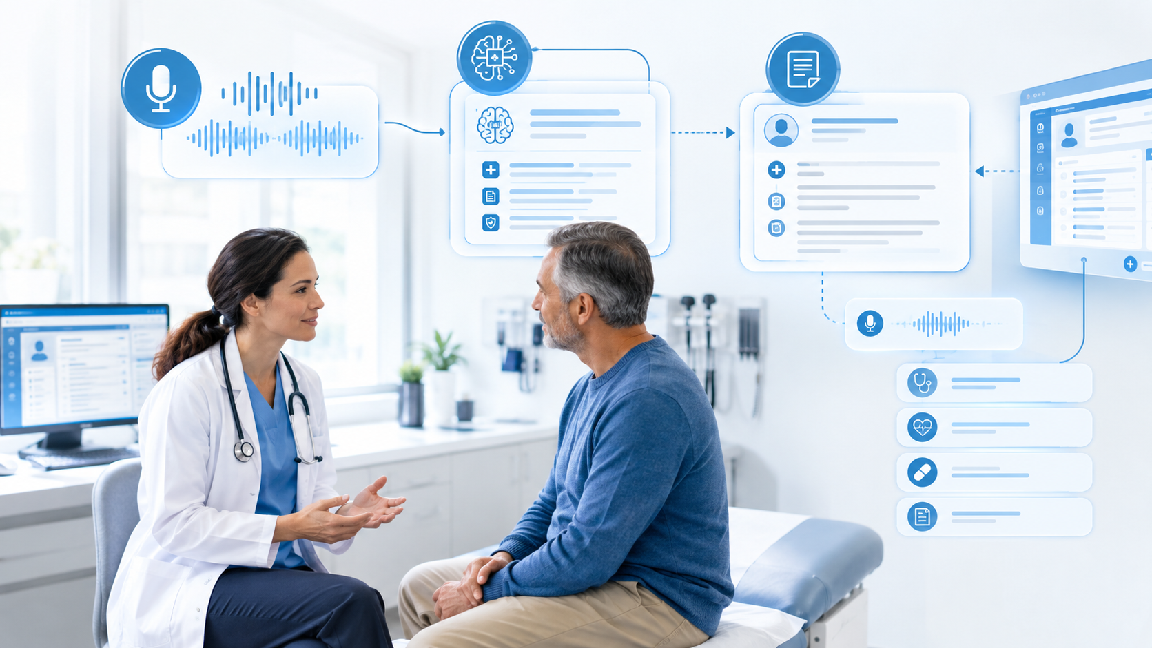Physician and patient using AI medical scribe and ambient AI for clinical documentation