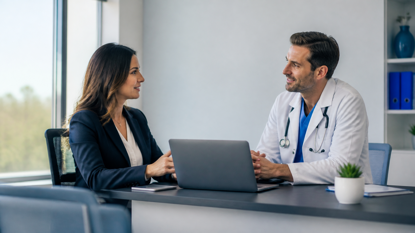 Physician discussing medical documentation services with a consultant