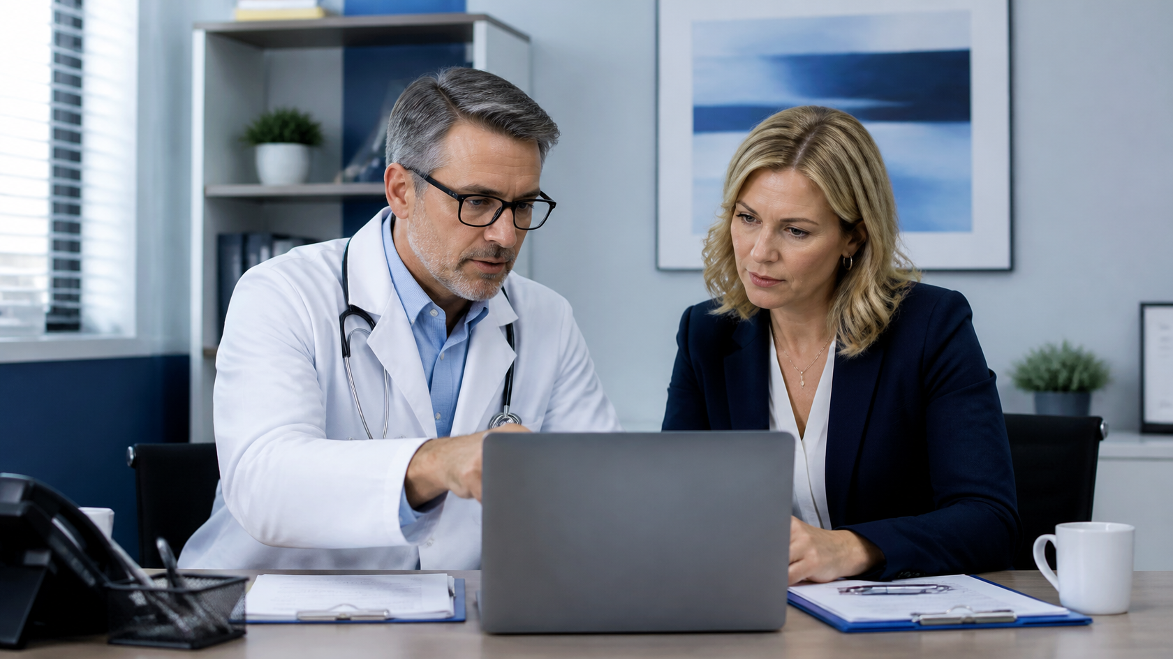 Physician and practice manager reviewing a service proposal