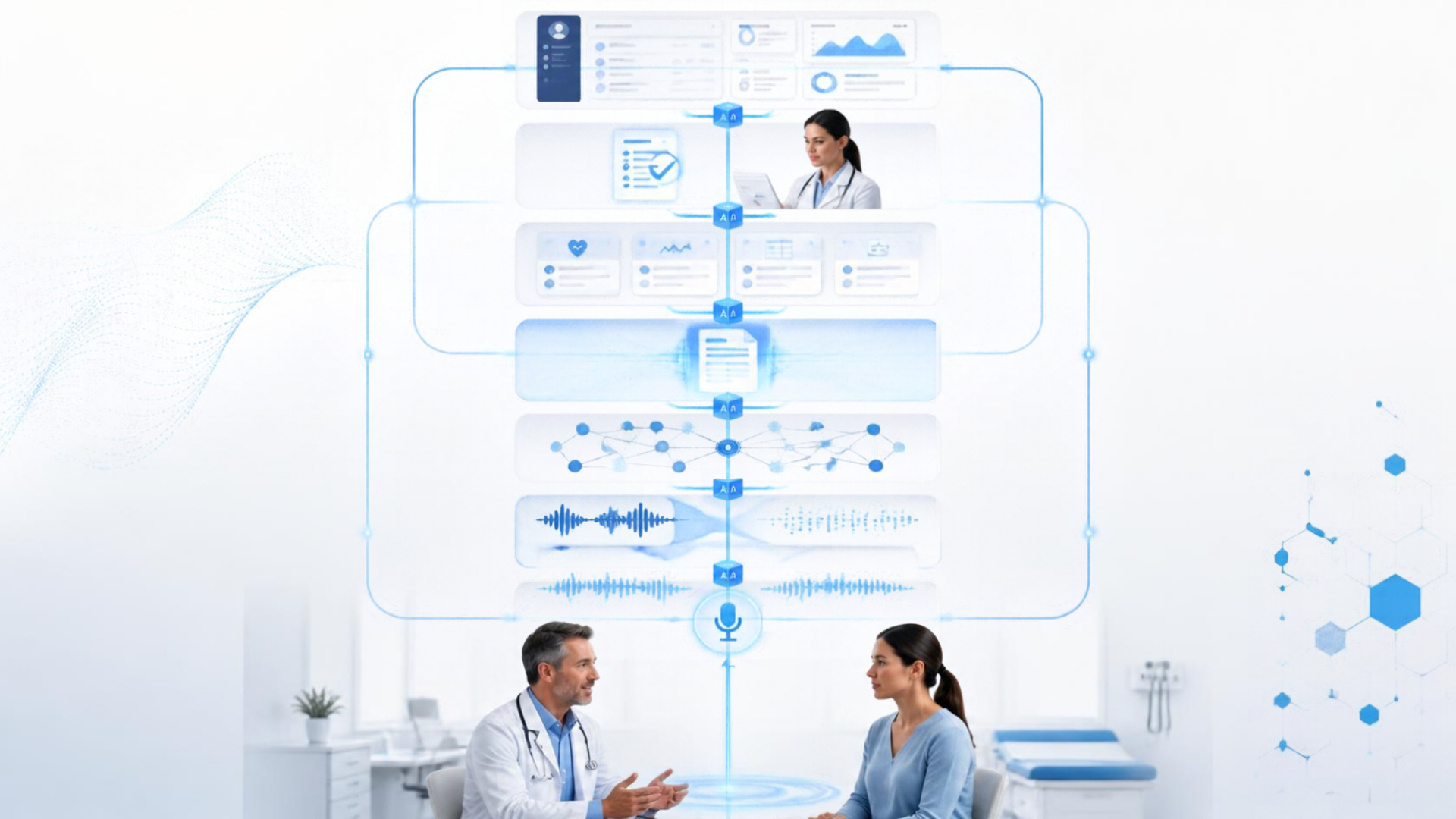 Layered illustration showing AI scribe, AI medical scribe, ambient AI, and clinical documentation