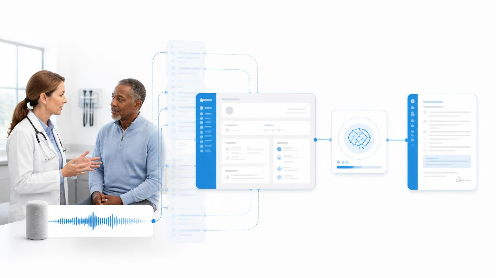 Interconnected healthcare AI technologies representing overlapping medical scribe terminology