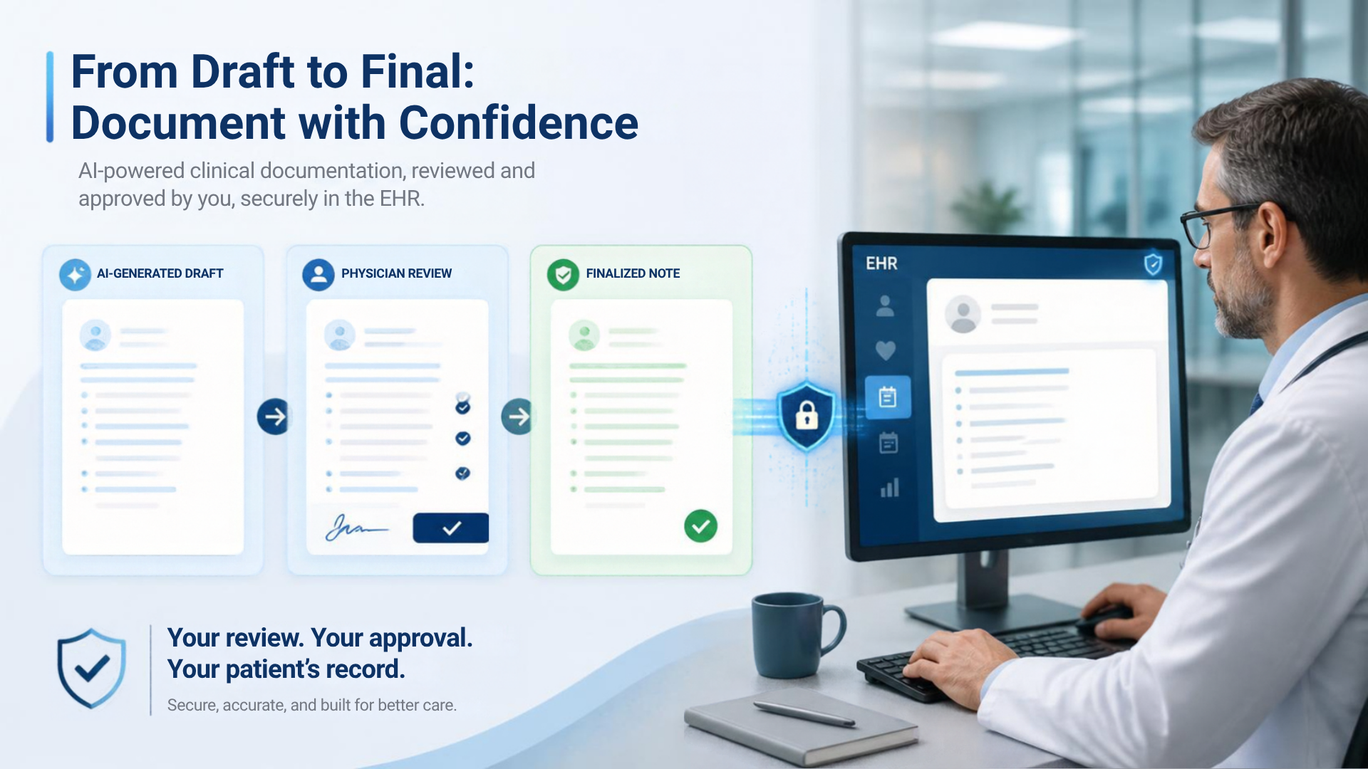 Physician reviewing an AI medical note before final EHR sign-off