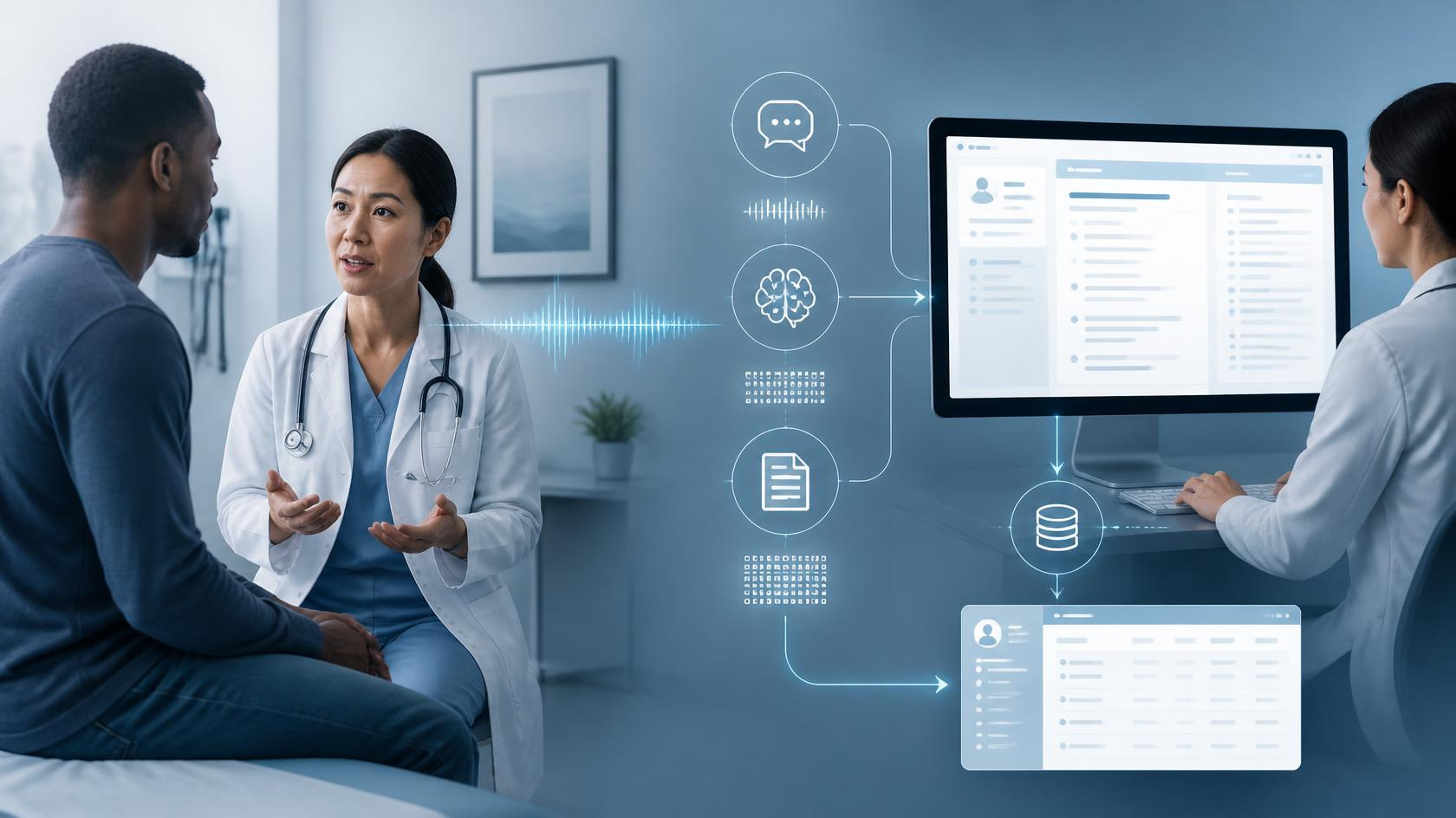 AI medical scribe transforming a patient conversation into a clinical note