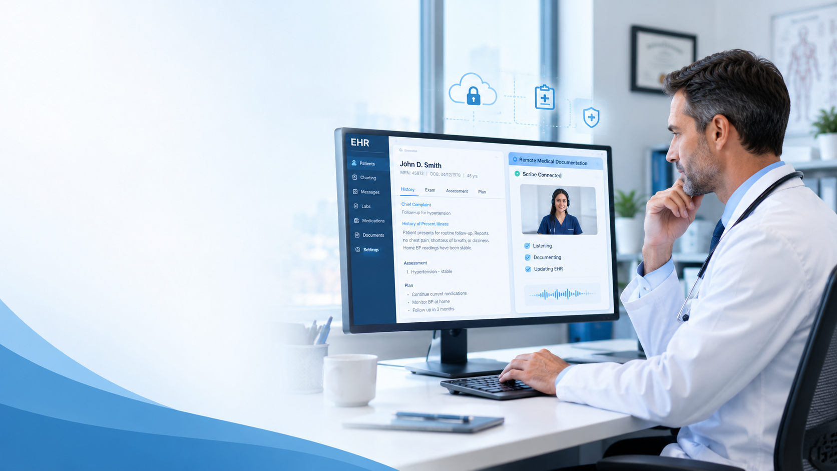 Physician reviewing a virtual medical scribe service checklist