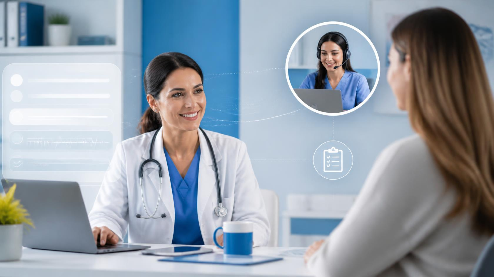 U.S. physician completing patient care with virtual medical scribe documentation support