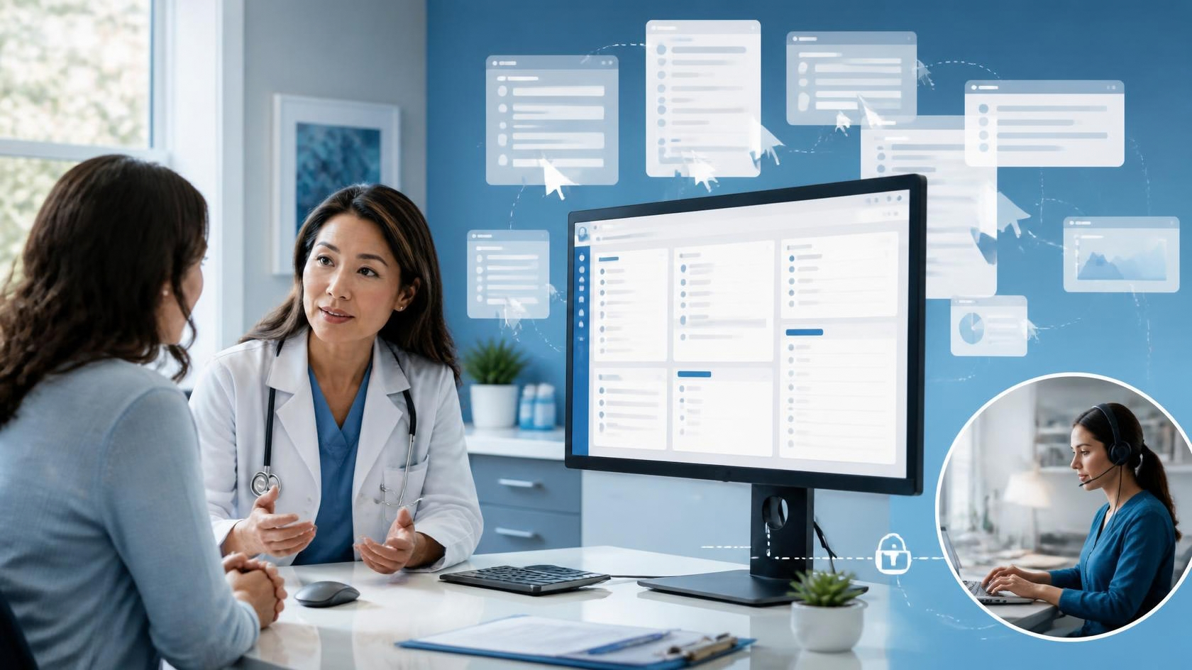 U.S. physician using an EHR while a virtual medical scribe supports the clinical documentation workflow