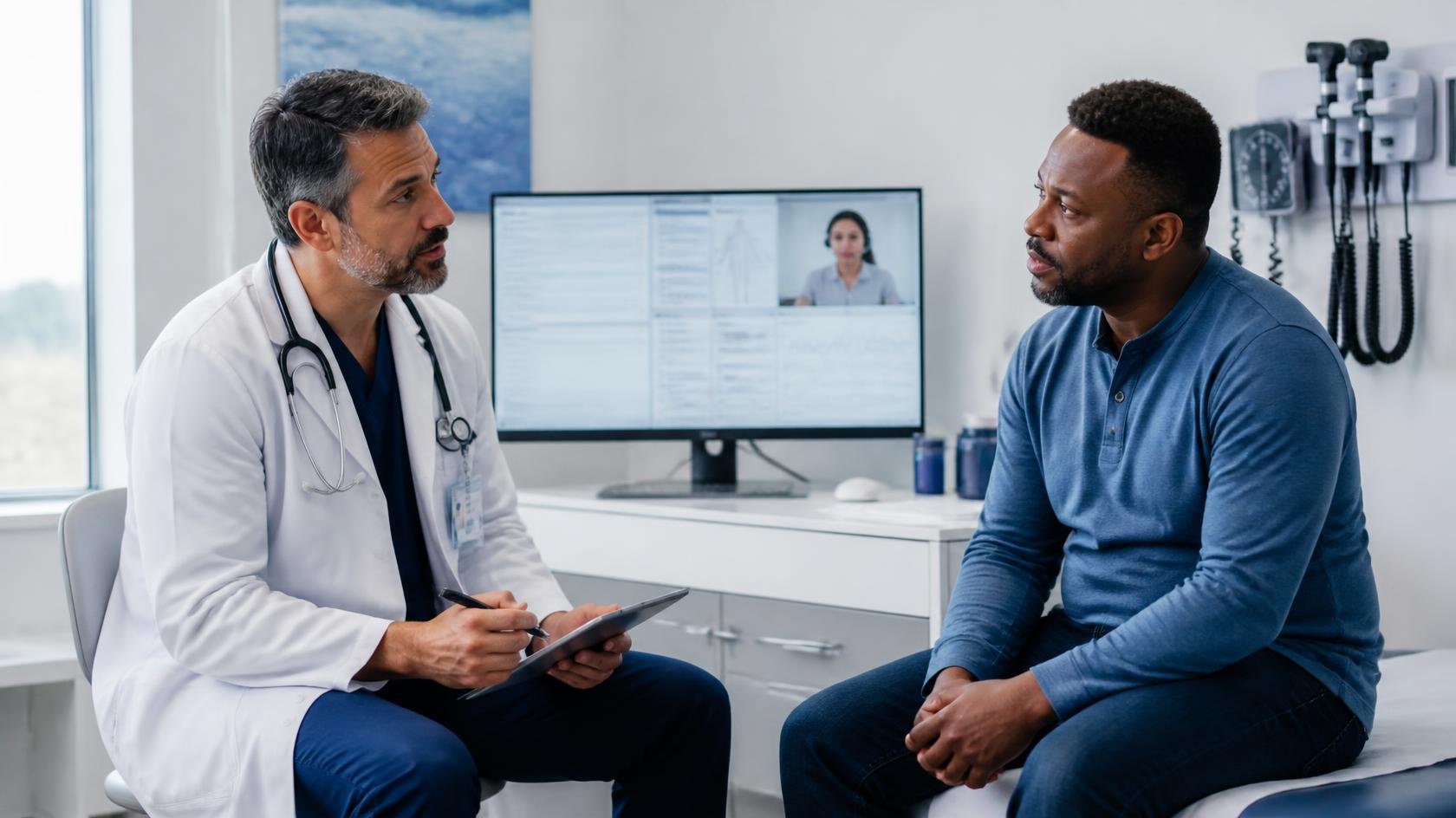 Physician documenting complex patient visit with medical history and medication details