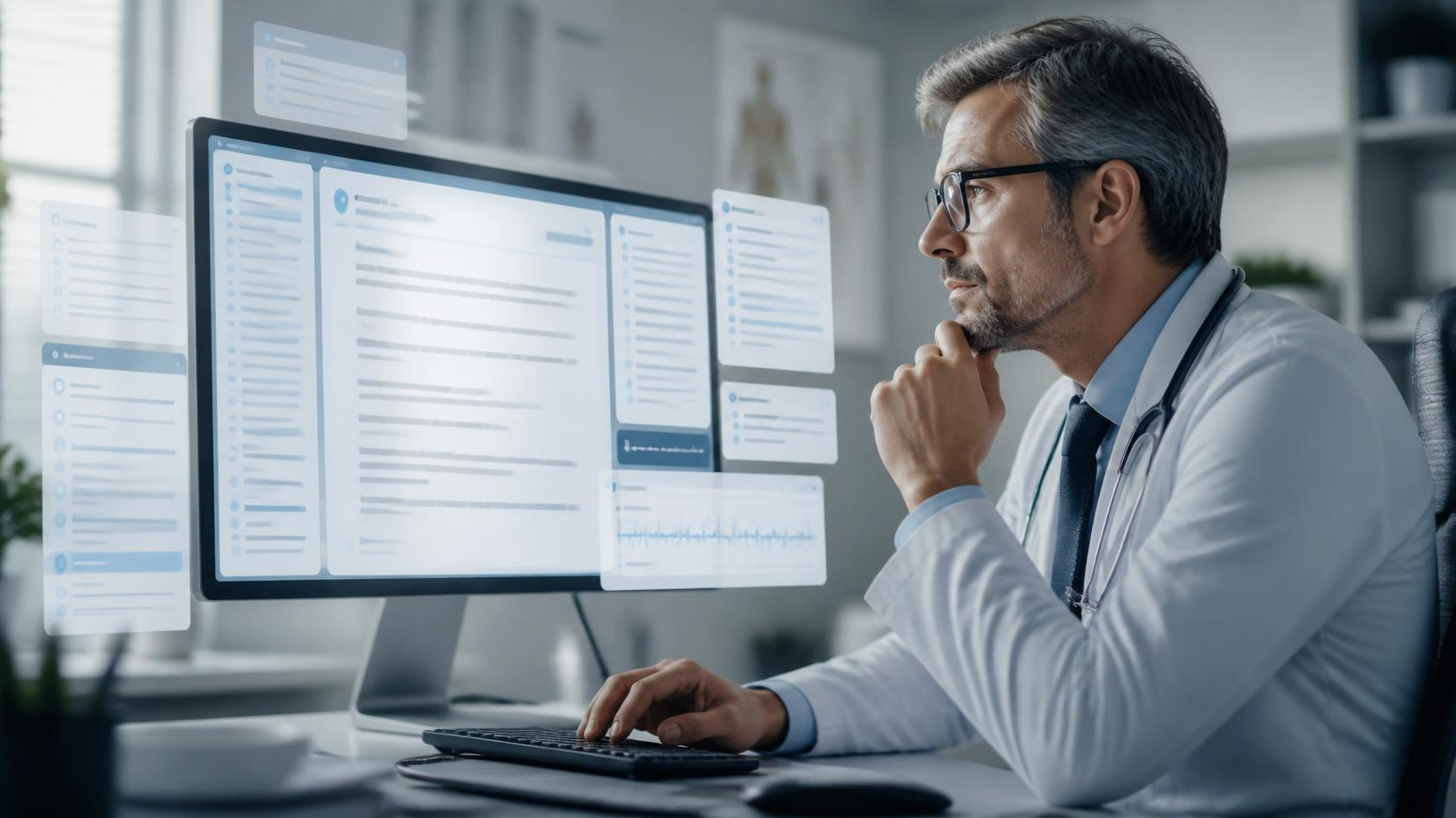 Physician reviewing an AI-generated medical note while managing ongoing documentation work