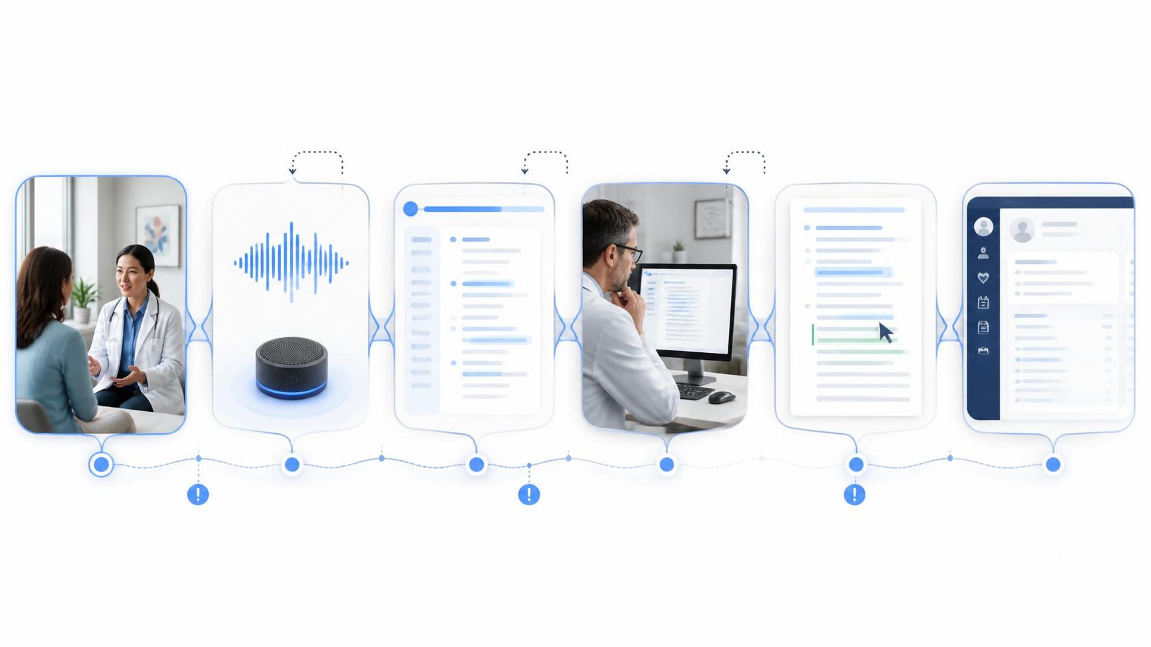 Six-stage AI medical scribe documentation workflow from patient encounter to EHR completion