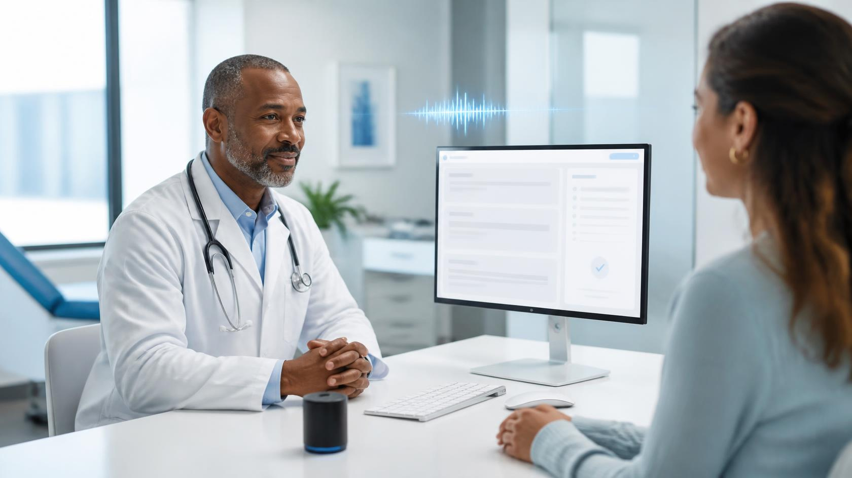 Physician completing clinical documentation efficiently with an AI medical scribe and EHR