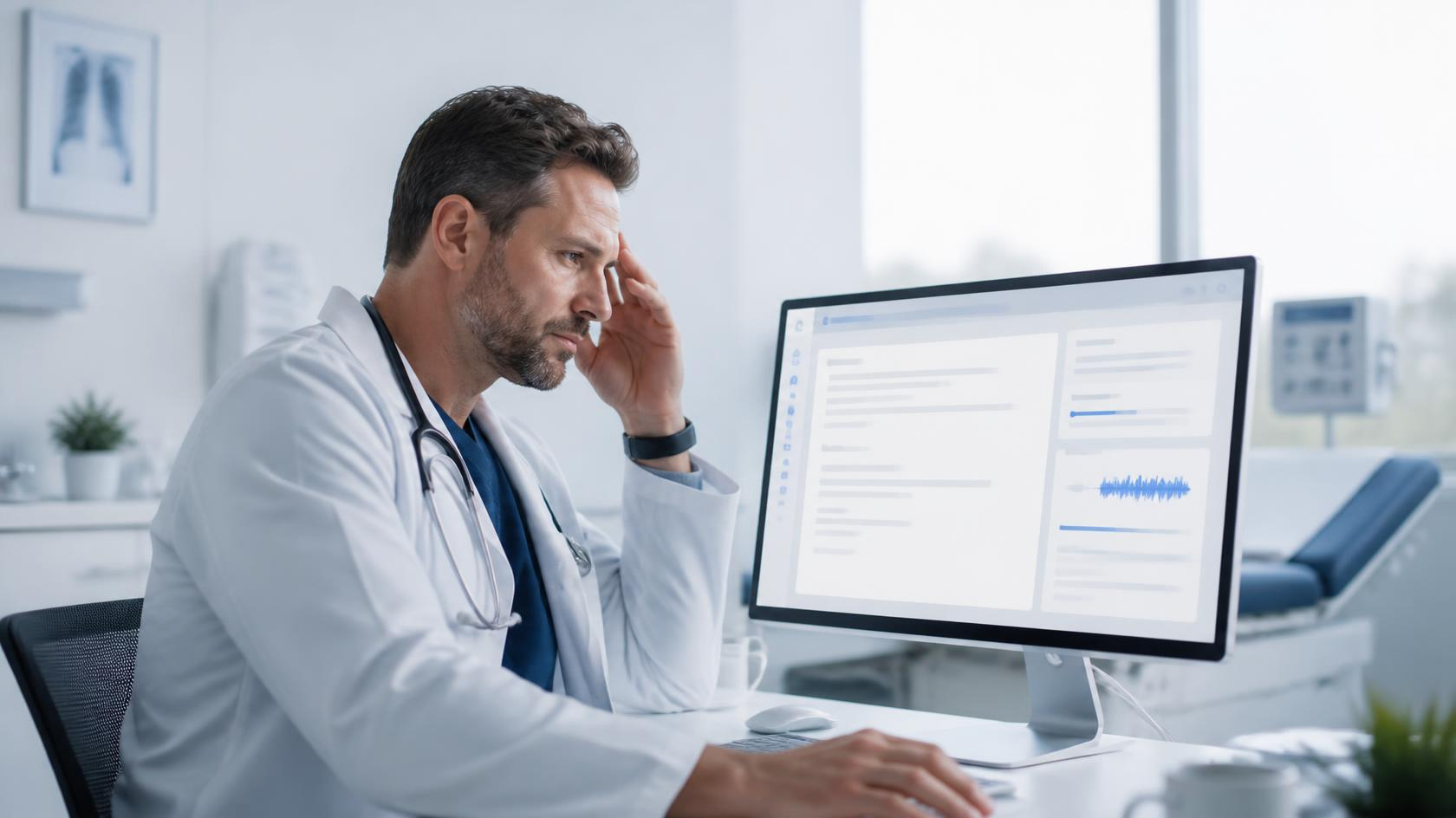Physician reviewing an AI medical scribe-generated clinical note after a patient encounter