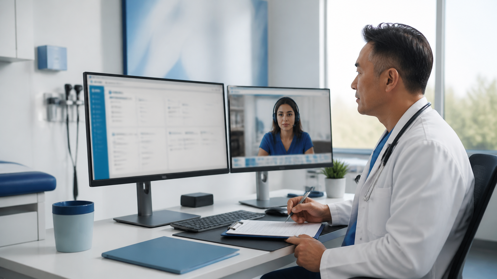 Physician reviewing a clinical note prepared with virtual medical scribe support.