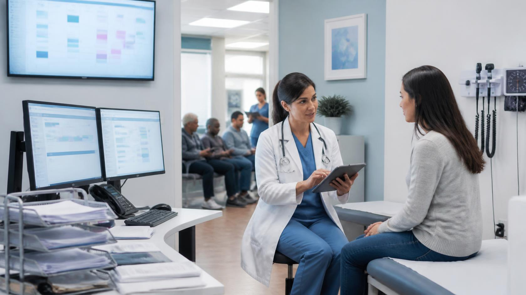Physician reviewing and approving a clinical note prepared with scribe support