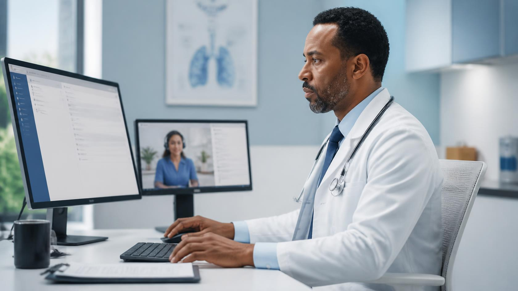 Physician reviewing and approving a clinical note prepared with scribe support