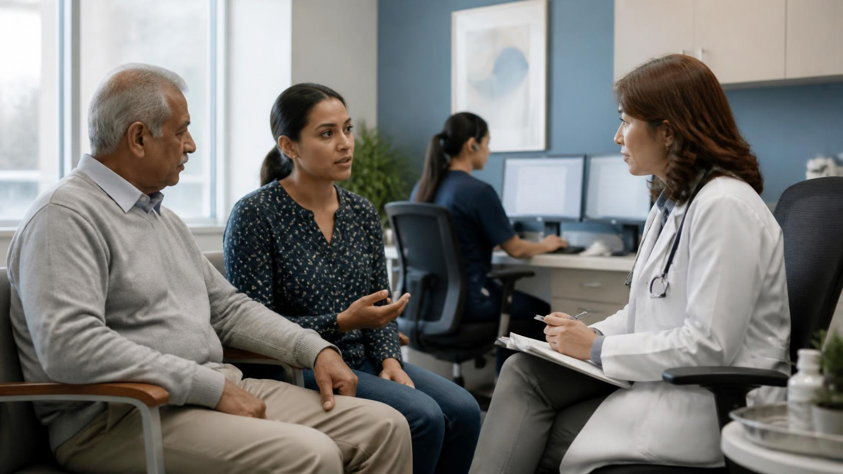 Physician listening to an elderly patient and caregiver during a clinical follow-up