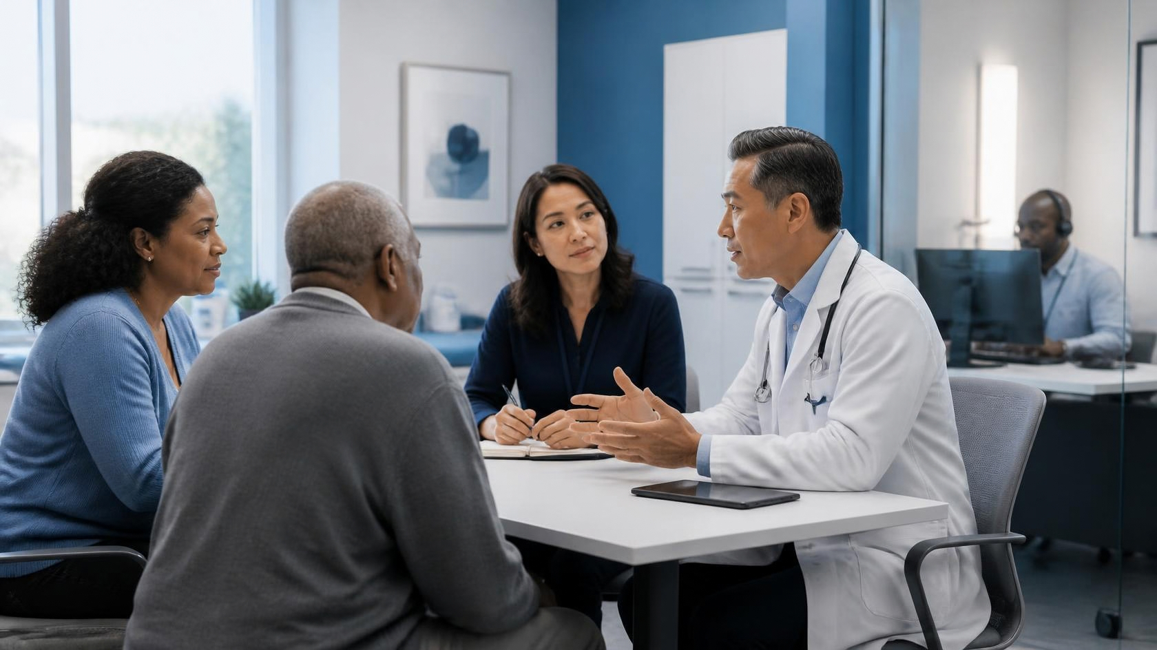 Virtual medical scribe documenting a clinical encounter with a patient, caregiver, physician, and interpreter