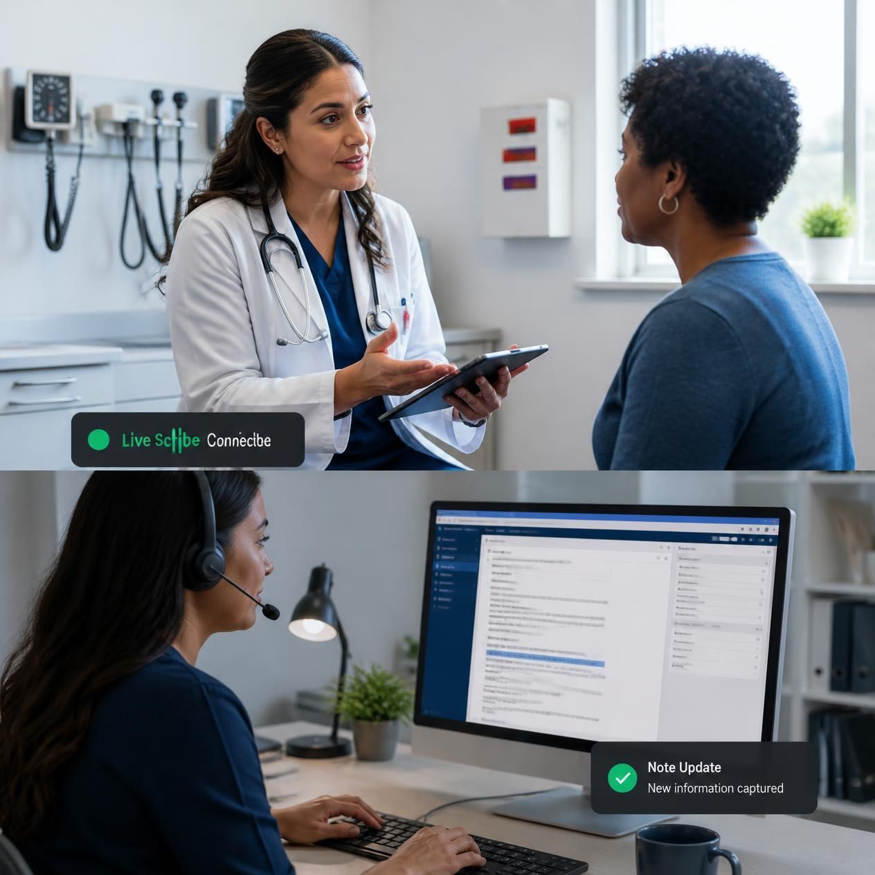 Physician using a live virtual medical scribe during a patient encounter
