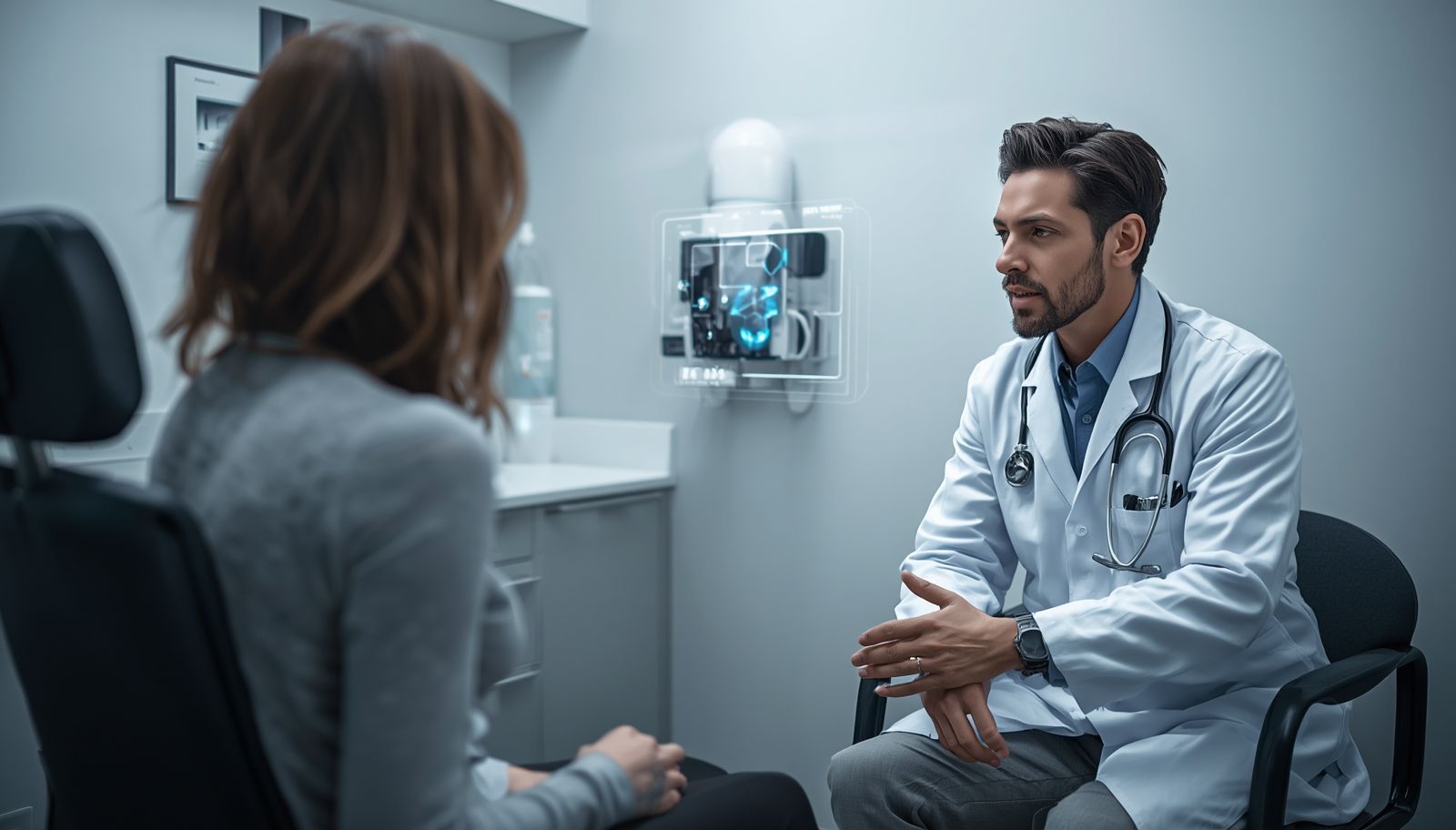 Physician using AI Medical Scribe during patient encounter with NLP-powered clinical documentation