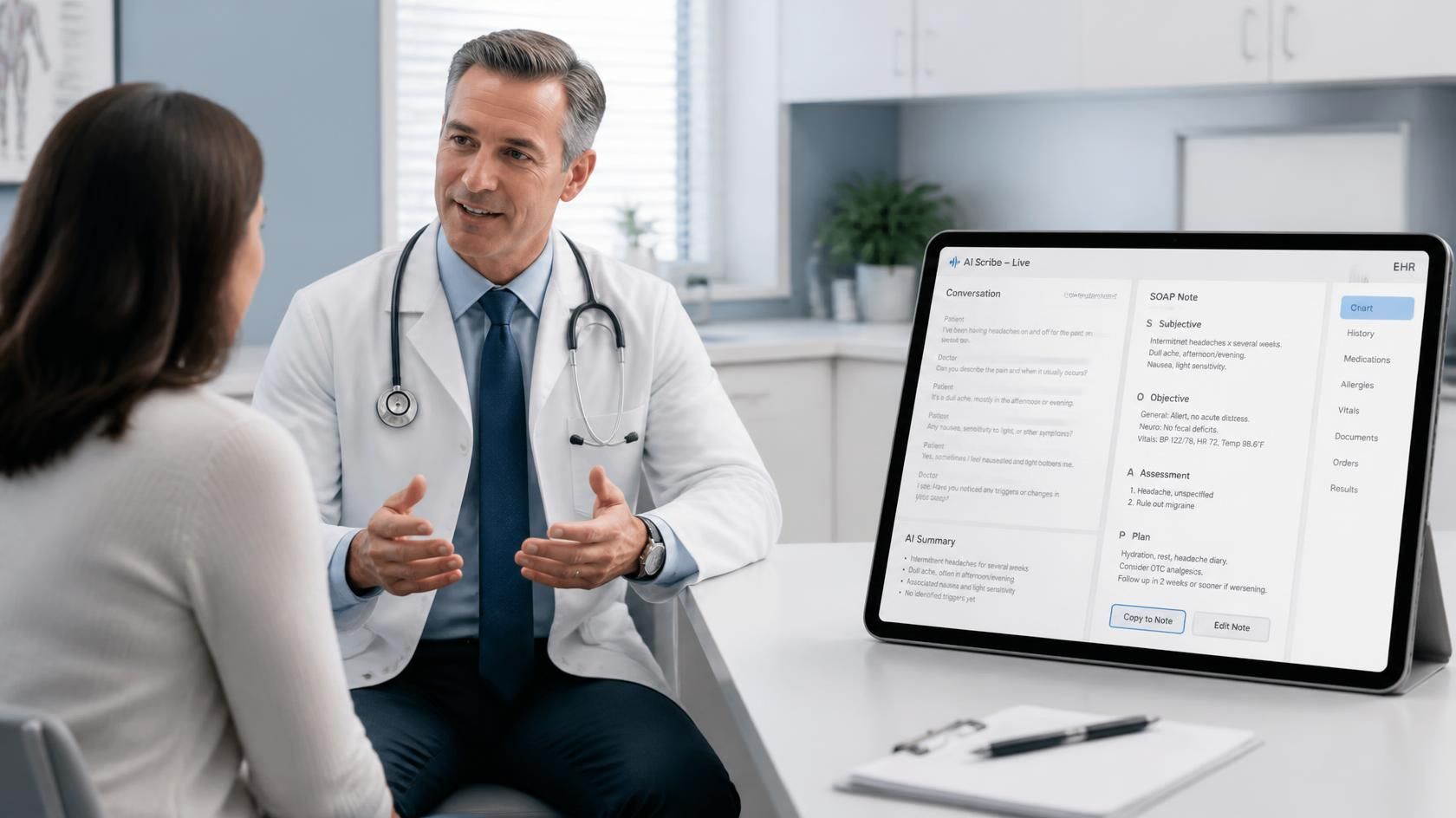 Physician using AI medical scribe technology to document a patient visit efficiently.