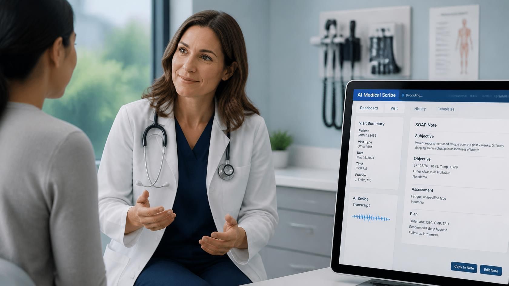 Physician learning to use an AI medical scribe during a patient encounter