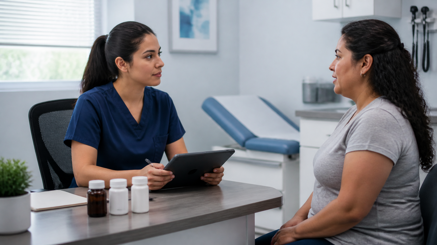Medical assistant collecting a patient's medical history and medication information.