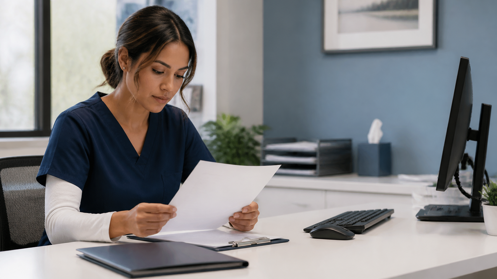 Medical assistant reviewing patient intake documentation and outstanding fields.