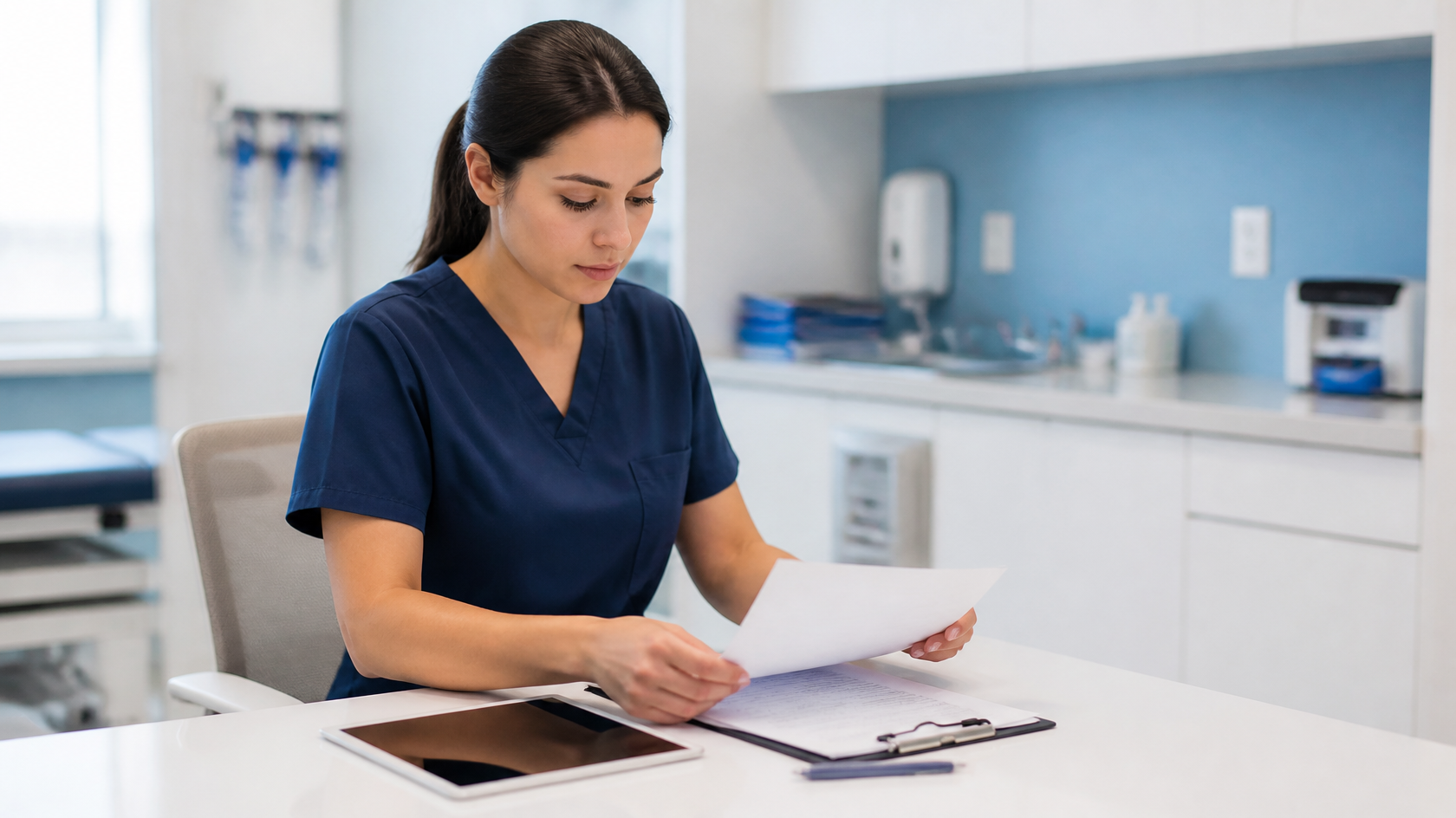 Medical assistant organizing patient intake documents for a final workflow review.