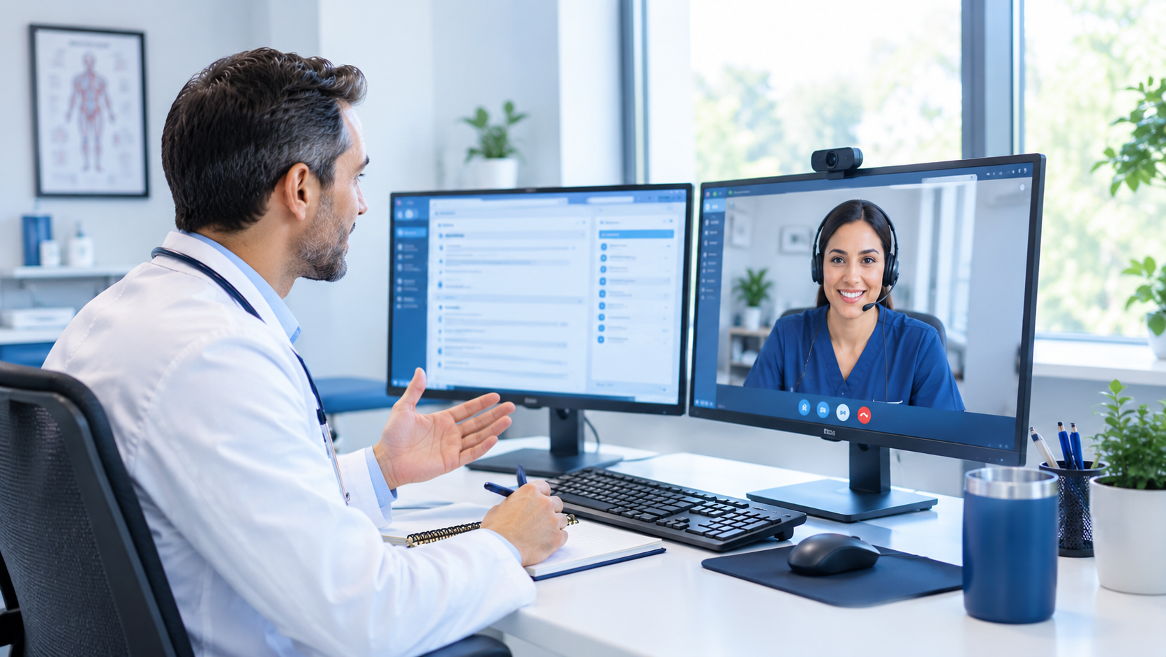 Physician communicating with a remote medical documentation specialist