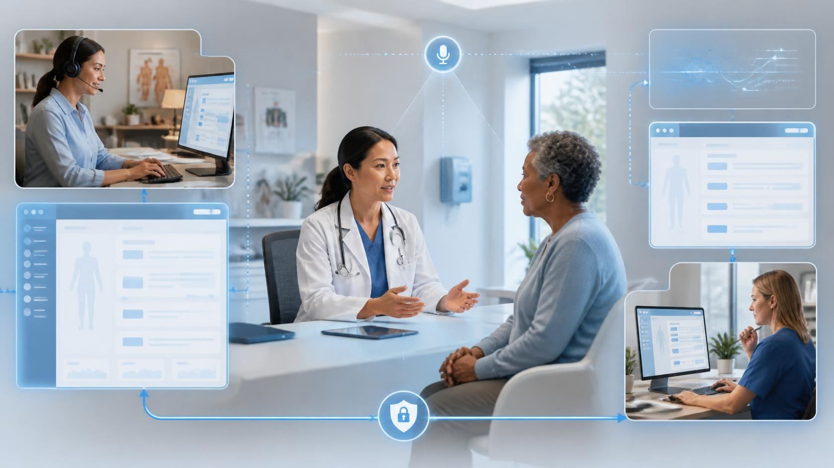 U.S. physician using a team documentation workflow with a remote virtual medical scribe and EHR supp