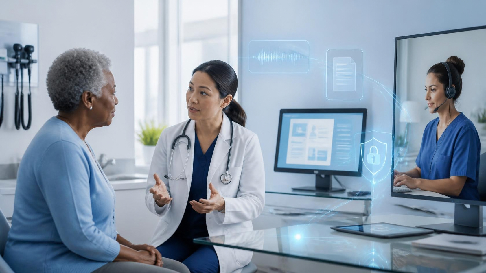U.S. physician using an EHR while a virtual medical scribe supports the clinical documentation workflow