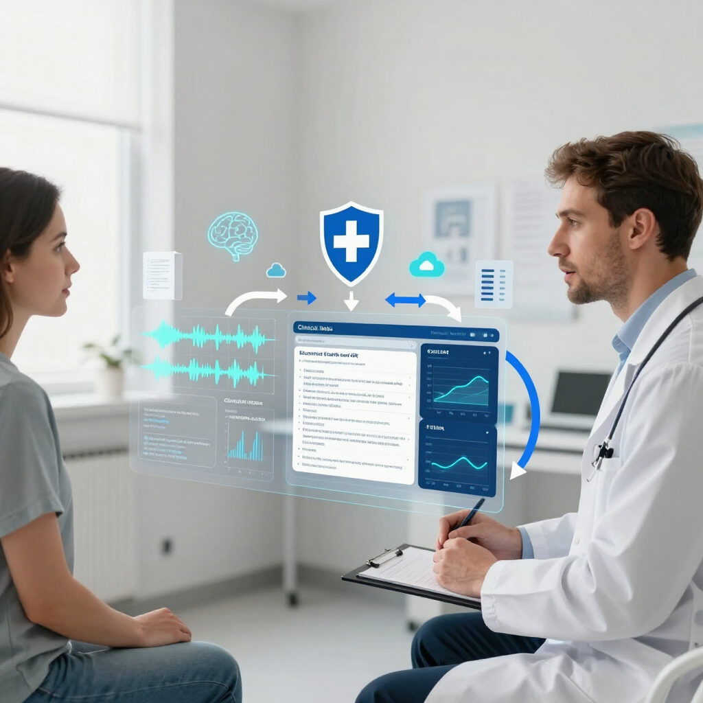 AI medical scribe assisting a U.S. physician during a patient consultation by automatically generating clinical documentation and securely integrating notes into the electronic health record (EHR), improving workflow efficiency and patient care.