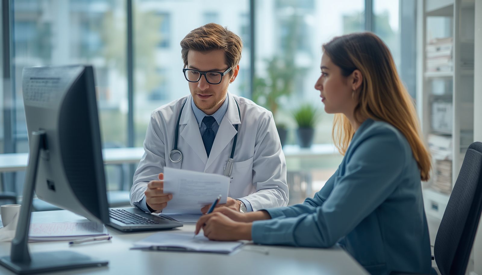 AI medical scribe helping a U.S. physician create clinical notes during a patient visit using secure