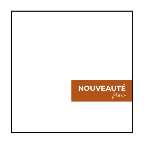 A white square with a brown label that says nouveaute new.