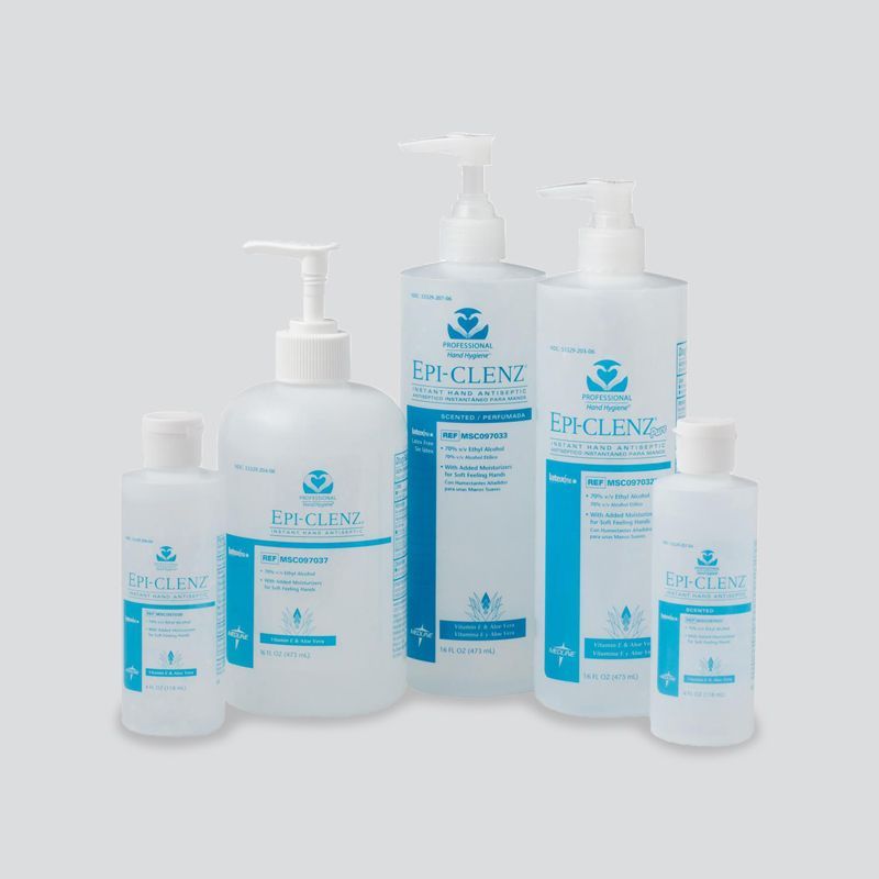 Several bottles of epiclens are lined up on a white surface