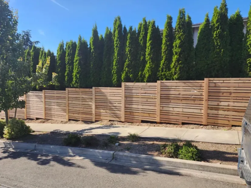 Wooden slat fence along a roadside, with tall green trees behind it under a blue sky.