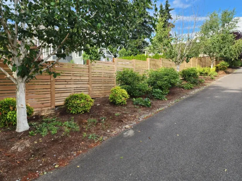 Landscaped roadside with shrubs and a wooden fence beside a paved path