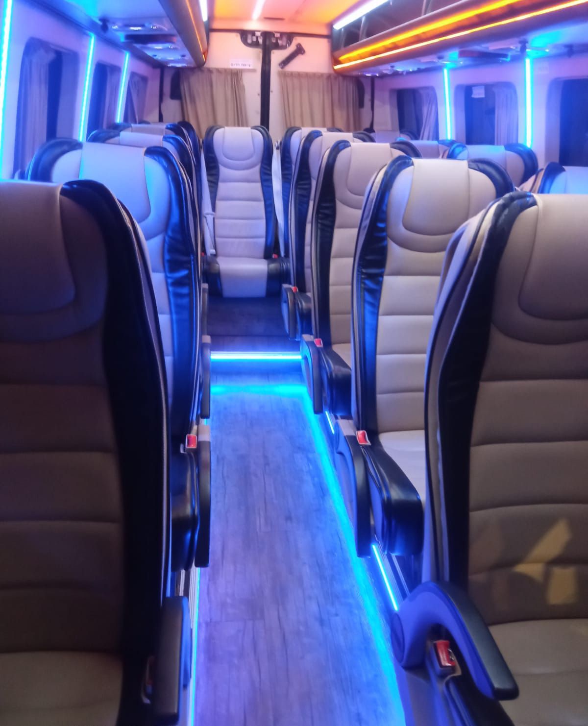 תא נוסעים מודרני עם תאורת אווירה כחולה ומושבי עור יוקרתיים, לחוויית הסעות לנתבג מפנקת.