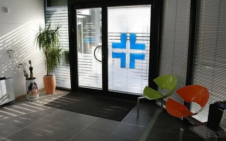 Ingresso dell'ufficio con porte a vetri, insegna a croce blu, pianta in vaso e sedie moderne.